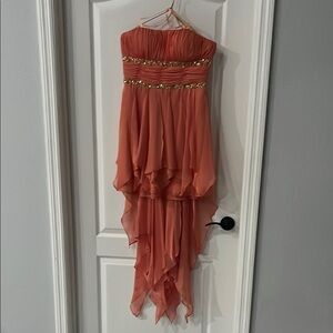 Elegant Coral Strapless Dress with Gold Accents
